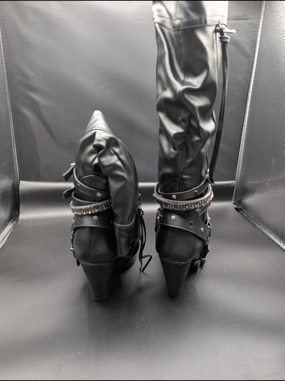 Not Rated "NWOT" Black Rhinestone Strap Mid-Calf Heeled Boots - Picture 3 of 5